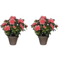 2x Groene Azalea kunstplanten met perzikkleurige bloemen 27 cm met pot stan grey - Kunstplanten - thumbnail