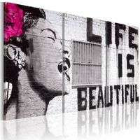 Schilderij - Banksy - Life is Beautiful, Zwart-Wit/Roze, 3luik, Premium print - thumbnail
