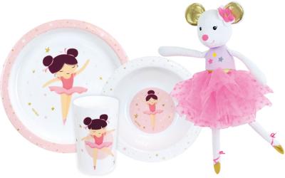 Serviesset - FUN HOUSE - BALLERINA DANCER - Soepbord Ø16 cm, plat bord Ø22 cm, glas 220 ml en muziekknuffel 40 cm