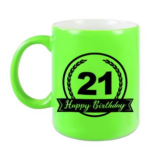 Happy Birthday 21 years cadeau mok / beker neon groen met wimpel 330 ml