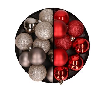 24x stuks kunststof kerstballen mix van champagne en rood 6 cm