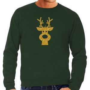 Rendier hoofd Kerst sweater / trui groen voor heren met gouden glitter bedrukking 2XL  -