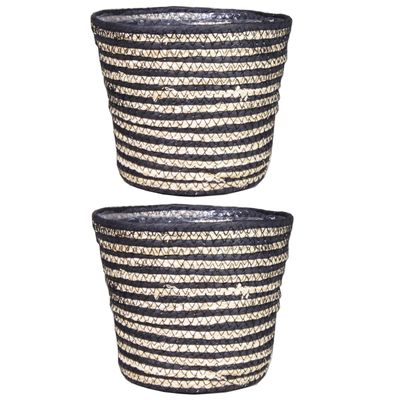 Set van 2x stuks naturel zwart rotan planten pot mand van gedraaid jute/riet H13 en D16 cm