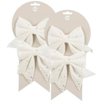 Kerst ornamenten strikken - 4x st - wit met glitter - 12 x 13 cm - kerstboomstrikjes