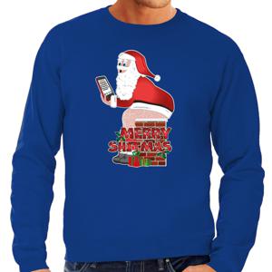 Foute Kersttrui/sweater voor heren - Merry shitmas - blauw - Kerstman op de wc