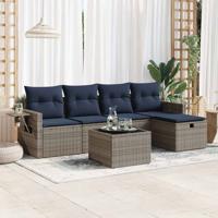 6-delige Loungeset met kussens poly rattan grijs