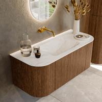 Mondiaz KURVE-DLUX 110 cm Onderkast Greeploos 1 Lade Met Deuren Walnut, Wastafel Solid Surface Midden Ostra 0 Kraangaten Zonder Spiegel (KRVCLO110L+R1L2D0KM-Wal/Ost)