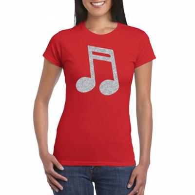 Verkleed t-shirt voor dames - rood - glitter opdruk - zilver - muzieknoot - themafeest Verkleed t-shirt voor dames - rood - glitter opdruk - zilver - muzieknoot - themafeest