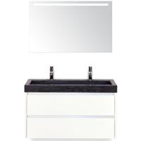 Dante Badmeubelset 100 cm - Wit Hoogglans - Wastafel Hardsteen Wit Lucca 2 Kraangaten met Sence Spiegel