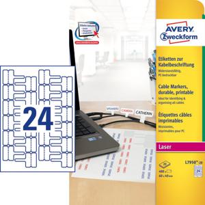 Avery-Zweckform L7950-20 Kabeletiketten 60 x 40 mm Polyester folie Wit 480 stuk(s) Permanent hechtend Laser (zwart/wit), Handschriften