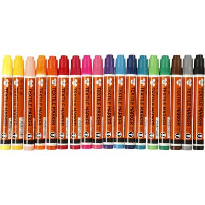 Textielstiften, lijndikte 2-4 mm, diverse kleuren, 18 stuk/ 1 doos