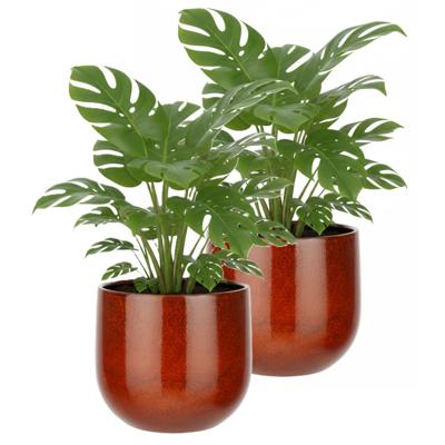 Plantenpot/bloempot - 2x stuks - terra bruin - D29/H25 cm - keramiek - speels licht gevlekt patroon