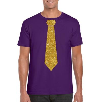 Paars fun verkleedkleding t-shirt - met stropdas - in glitter goud - heren - korte mouwen
