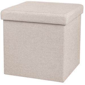 Poef/hocker - opbergbox zit krukje - beige - linnen/mdf - 37 x 37 cm - opvouwbaar