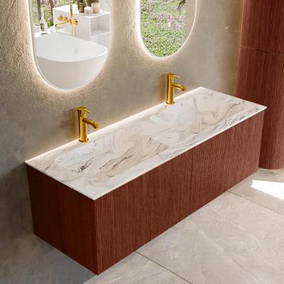 Badmeubel Mondiaz Kurve-Dlux | 130 cm cm | Meubelkleur Ruby | Wastafelkleur Glace | Solid surface | Wasbak beiden zijden spoelbak | 2 kraangaten