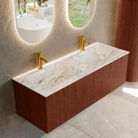 Badmeubel Mondiaz Kurve-Dlux | 130 cm cm | Meubelkleur Ruby | Wastafelkleur Glace | Solid surface | Wasbak beiden zijden spoelbak | 2 kraangaten
