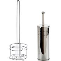 WC-/toiletborstel in houder 40 cm met wc-rollen houder - rvs zilver