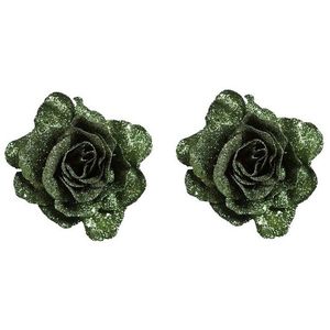 2x Kerstversiering groene glitter rozen op clip 10 cm