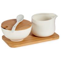 Vessia Suiker en melk serveren setje - keramiek met bamboe hout - 19 cm
