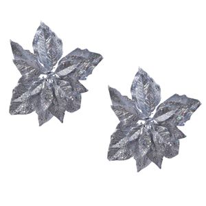 2x stuks decoratie bloemen kerstster zilver glitter op clip 23 cm