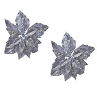 2x stuks decoratie bloemen kerstster zilver glitter op clip 23 cm - thumbnail