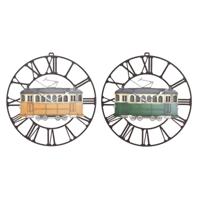 Muurklok DKD Home Decor 49,5 x 3,5 x 48 cm Metaal Groen Geel Vintage Trein (2 Stuks)