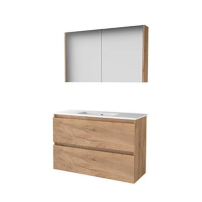 Basic-Line Comfort 39 Badkamermeubelset - Ondiep - 100 x 39 cm - Greeploos - 2 Lades - Keramische Wastafel - 1 Kraangat - Spiegelkast - Whisky Oak