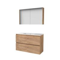 Basic-Line Comfort 39 Badkamermeubelset - Ondiep - 100 x 39 cm - Greeploos - 2 Lades - Keramische Wastafel - 1 Kraangat - Spiegelkast - Whisky Oak
