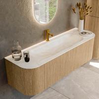 Mondiaz KURVE-DLUX 150 cm Onderkast Greeploos 1 Lade Met Deuren Oak, Wastafel Solid Surface Midden Ostra 1 Kraangat Zonder Spiegel (KRVBGM150L+R1L2D1KM-Oak/Ost)