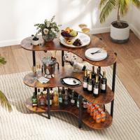 3-niveaus Keuken Bartafel met Glazenhouder & Metalen Frame Huisbar Keukentafel Minibar Bruin