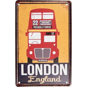 Clayre & Eef Wanddecoratie 20x30 cm Geel Rood Metaal London England Muurdecoratie Wandversiering Tekstbord