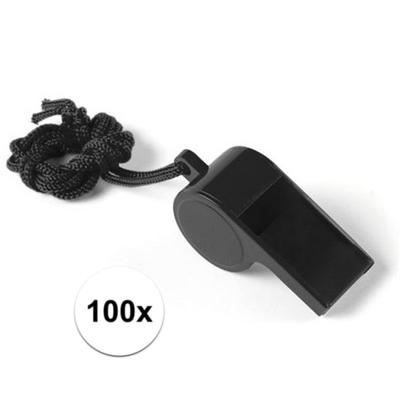 Fluitjes van kunststof - Multipack van 100x stuks - zwart - aan koordje - herrie maken - sport