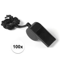 Fluitjes van kunststof - Multipack van 100x stuks - zwart - aan koordje - herrie maken - sport