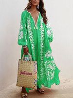 Balloon Sleeves Boho Printed Maxi Weaving Dress