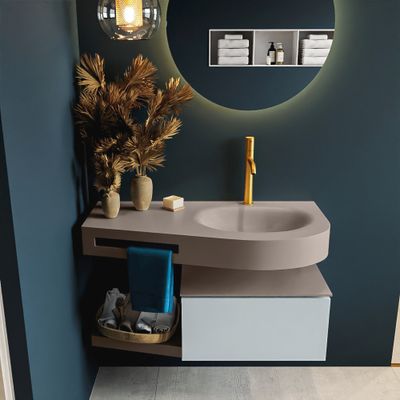 MONDIAZ RIVA 100cm badmeubel onderkast / planchet kleur Clay met 1 lade. Wastafel DULCET rechts 1 kraangat kleur Smoke.