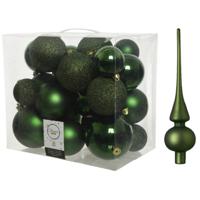 Kerstversiering kunststof kerstballen met piek donkergroen 6-8-10 cm pakket van 27x stuks - Kerstbal - thumbnail