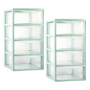 Ladeblokje/bureau organizer - 2x - 4 lades - transparant/lichtgroen - L26 x B37 x H49 cm - plastic