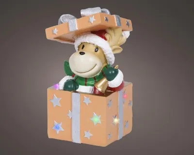 Lumineo LED kerstfiguur polyresin rendier in cadeau 20,2cm, multicolor