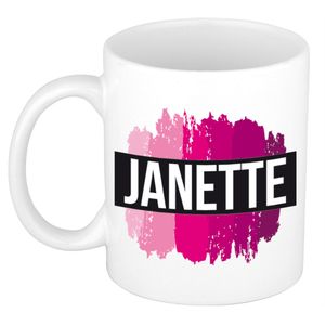 Naam cadeau mok / beker Janette  met roze verfstrepen 300 ml   -