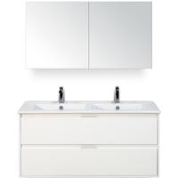 Porto Badmeubelset 120 cm - 2 Laden Wit Hoogglans - Keramische Wastafel Wit Slim met Spiegelkast