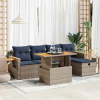6-delige Loungeset met kussens poly rattan acacia grijs