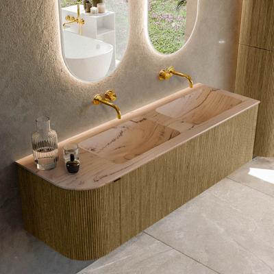 Badmeubel Mondiaz Kurve-Dlux | 145 cm | Meubelkleur Dusk | Wastafelkleur Arena | Solid surface | Dubbel / Rechts spoelbak | Zonder kraangat(en)