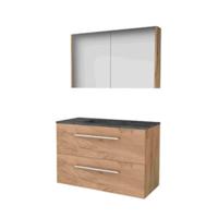 Basic-Line Comfort 46 Badkamermeubelset - 100 x 46 cm - Met Grepen - 2 Lades - Hardstenen Wastafel - Zonder Kraangat - Spiegelkast - Whisky Oak