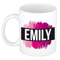 Naam cadeau mok / beker Emily met roze verfstrepen 300 ml