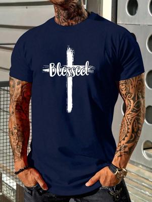 Men's Cross & Letter Print T-shirt | Burgundy Streetwear Royal Blue / M