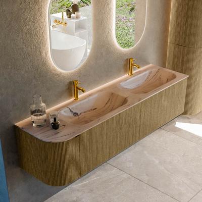 Badmeubel Mondiaz Kurve-Dlux | 175 cm | Meubelkleur Dusk | Wastafelkleur Arena | Solid surface | Dubbel / Rechts spoelbak | 2 kraangaten