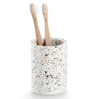 Tandenborstel beker/houder - wit - terrazzo design - keramiek - rond - 8 x 11 cm - thumbnail