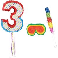 Verjaardag Pinata nummer 3 van 105 x 40 cm - set met stok en masker - thumbnail