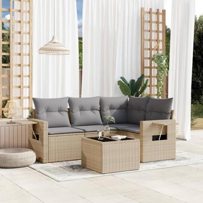 5-delige Loungeset met kussens poly rattan beige