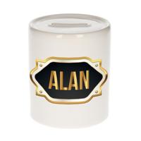 Spaarpot met voornaam Alan - wit - goud/zwart embleem - 8 x 9 cm - keramiek - afsluitdop